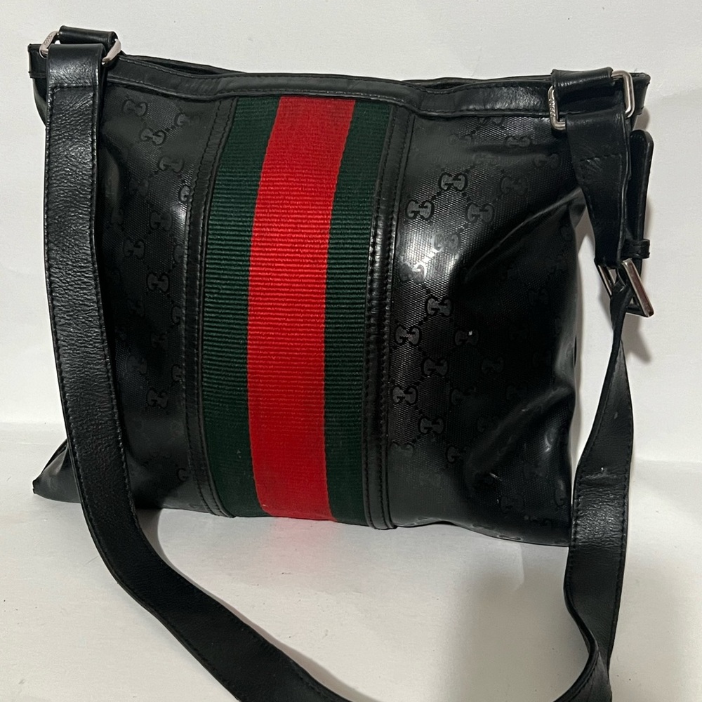 Black Leather Crossbody Bag with Red & Green Web Stripe